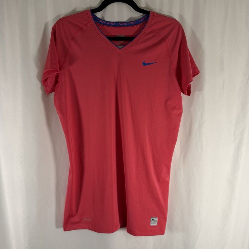 Nike Pro Shirt Women's XL Solid Pink Short Sleeve Vneck Pullover Tech Fit